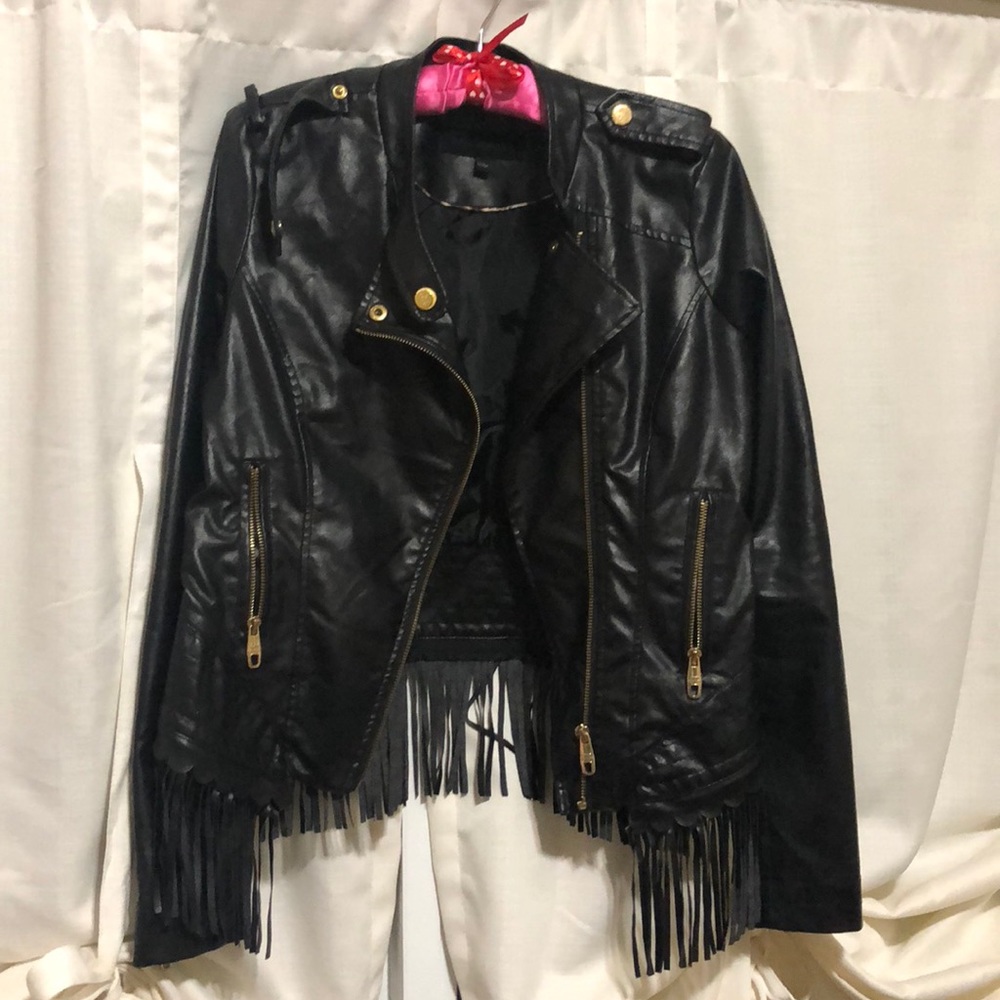 Steve Madden Black Leather Jacket with Fringe